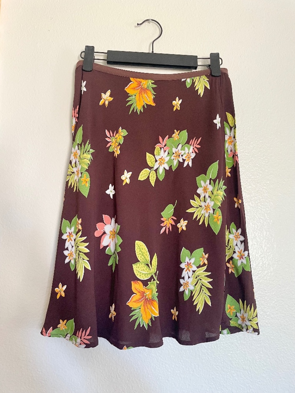 Vintage 90s Loco Lindo Brown Floral Rayon Skirt Medium USA Made